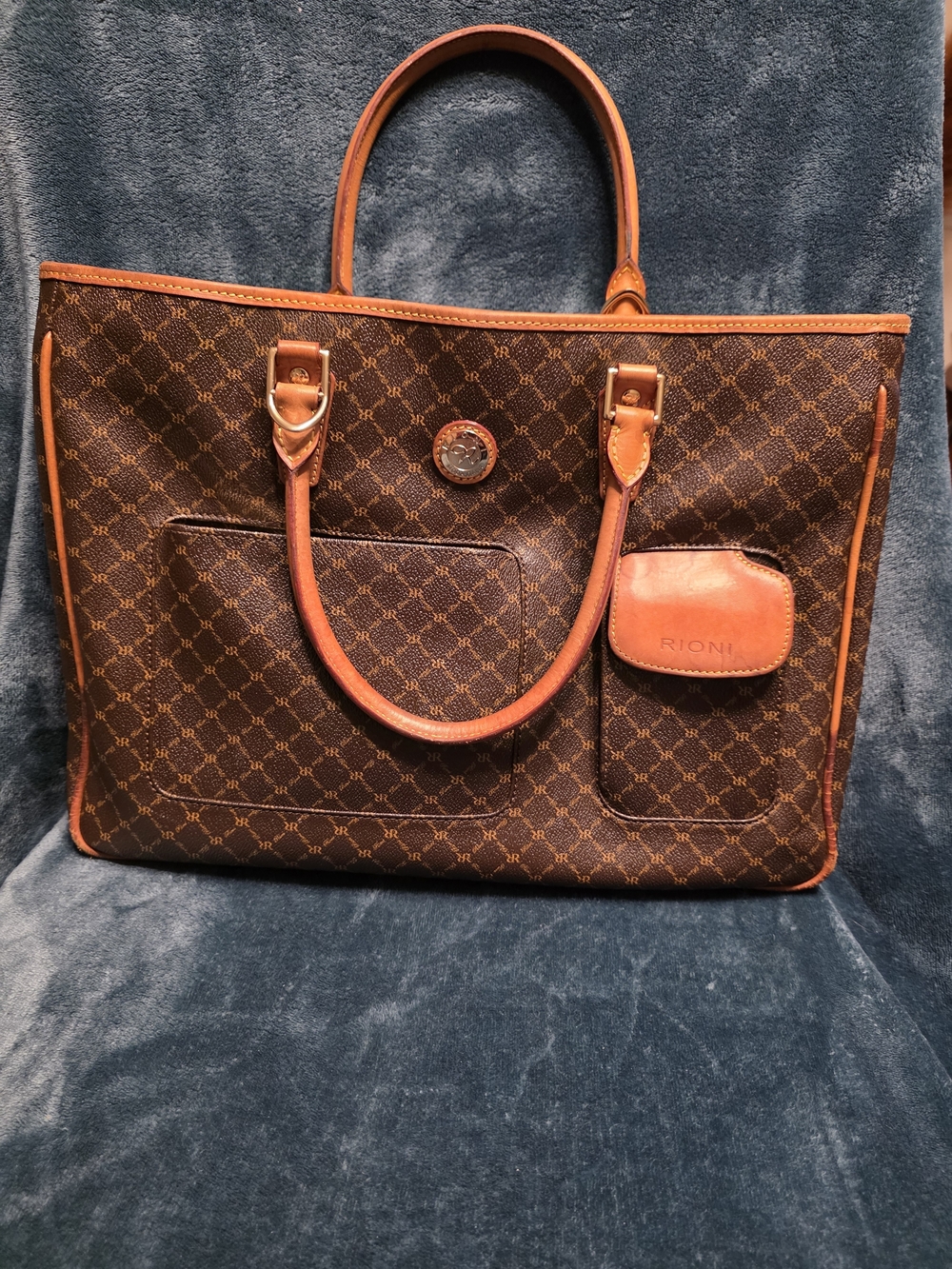 Rioni Brown Monogram Tote Bag with Tan Leather Trim